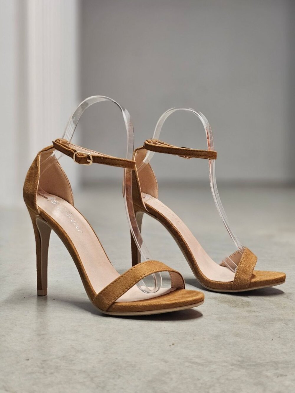 Tan Faux Suede Ankle Strap High Heel Sandals For Women - Picture 14 of 14